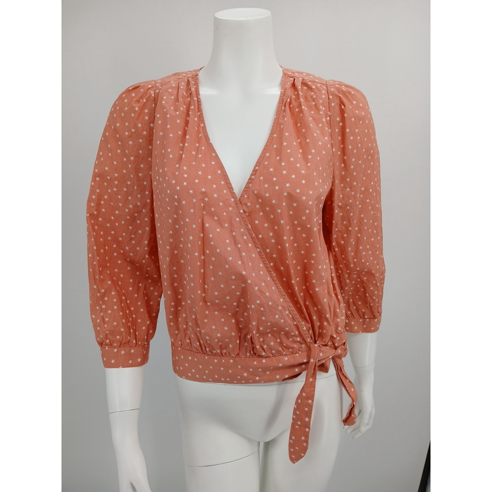 Madewell Blouse Top Womens Size M Wrap Top Star Print Crop Coral Peach Cotton